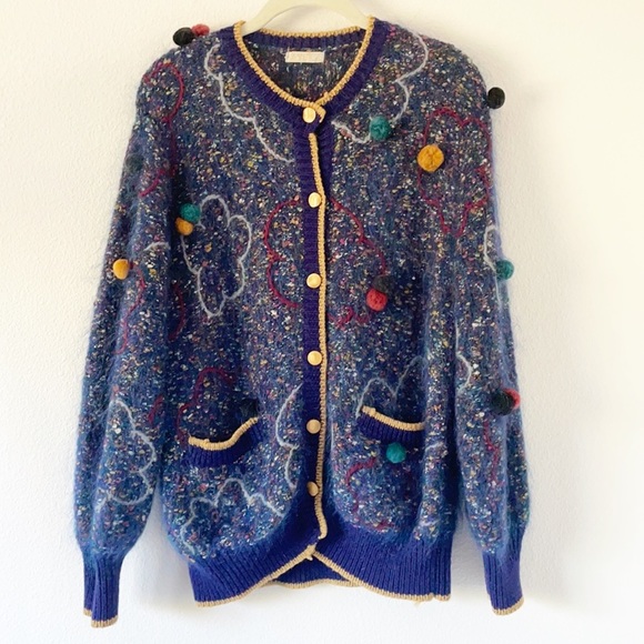 Vintage Sweaters - Vintage Pom Pom Open Front Knit Cardigan
